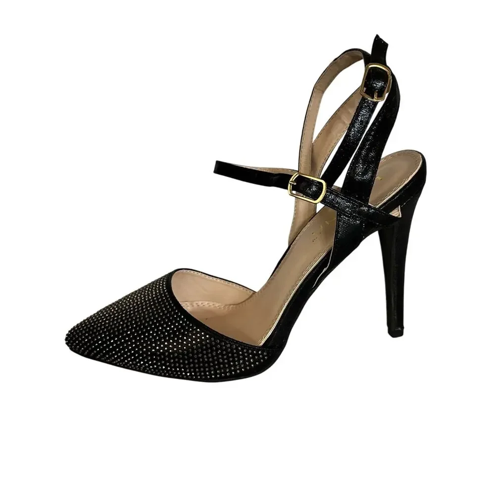 Liliana Womens Size‎ 10 Heels Pumps Stiletto Black Rhinestones Ankle Strap - Picture 3 of 13